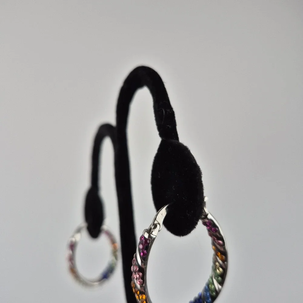 Rainbow CZ Hoop Earrings Set with Adjustable‎ Bolo Bracelet Pride Sparkly Glam